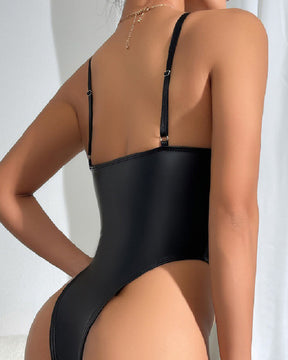 Body tipo tanga sexy de corte alto, en cuero PU sólido, con aros y tirantes estilo camiseta