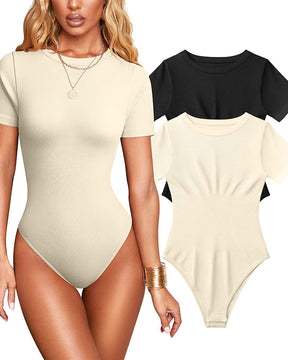 Body sexy para mujer, tejido acanalado, cuello redondo, manga corta, control de abdomen y diseño tipo tanga