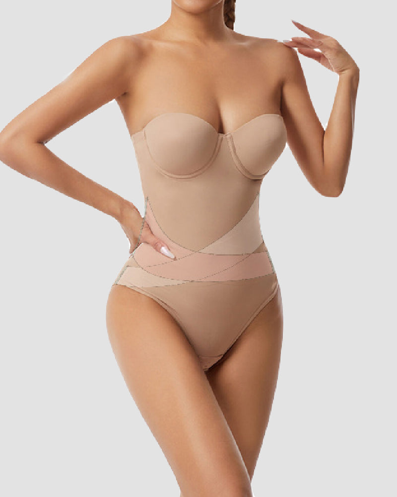 Body sin tirantes para mujer con brasier incorporado, diseño cruzado en X y control de abdomen