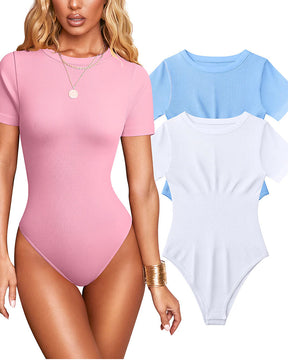 Body sexy para mujer, tejido acanalado, cuello redondo, manga corta, control de abdomen y diseño tipo tanga
