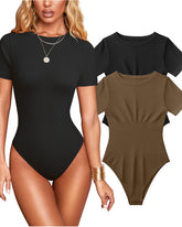 Body sexy para mujer, tejido acanalado, cuello redondo, manga corta, control de abdomen y diseño tipo tanga