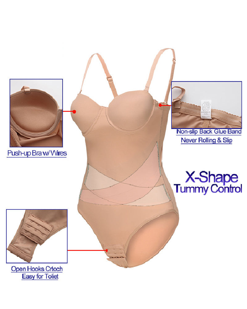 Body sin tirantes para mujer con brasier incorporado, diseño cruzado en X y control de abdomen