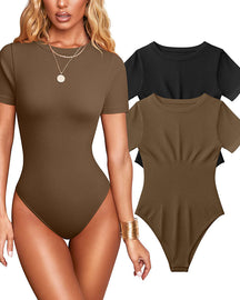 Body sexy para mujer, tejido acanalado, cuello redondo, manga corta, control de abdomen y diseño tipo tanga
