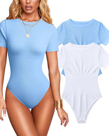 Body sexy para mujer, tejido acanalado, cuello redondo, manga corta, control de abdomen y diseño tipo tanga