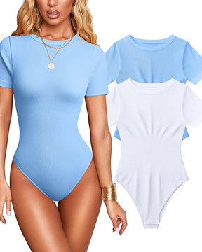 Body sexy para mujer, tejido acanalado, cuello redondo, manga corta, control de abdomen y diseño tipo tanga