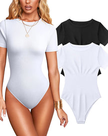 Body sexy para mujer, tejido acanalado, cuello redondo, manga corta, control de abdomen y diseño tipo tanga